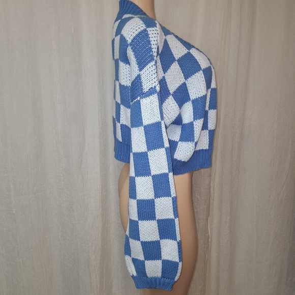 Blue Blush Blue and White Checkered Cardigan Women Size L - Picture 7 of 16